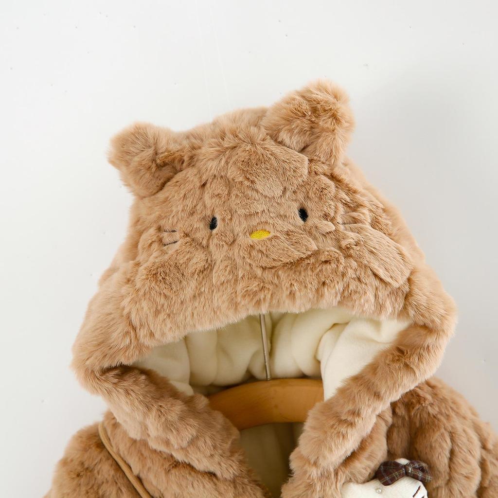 Свитер-пальто с капюшоном для девочек, с вышивкой мультяшного кота, пушистый, стеганый из искусственного меха, для осени/зимы