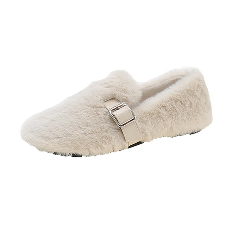 Модные повседневные женские туфли Женские мокасины с мехом и круглым носком Элегантные туфли с неглубоким носком Новые зимние туфли без застежек из флокированной ткани