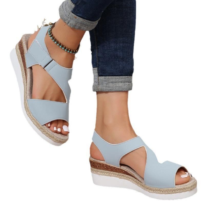 Большие размеры Соломенные босоножки на высоком каблуке Женские толстые скошенные каблуки Римские туфли Женские босоножки на толстой подошве