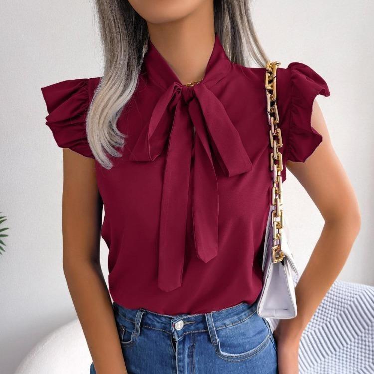 Блузка Женская Шифон Бант Шнуровка Топы Рубашка Темпераментная Для Поездок на Работу Весна Лето Деревянное Ухо