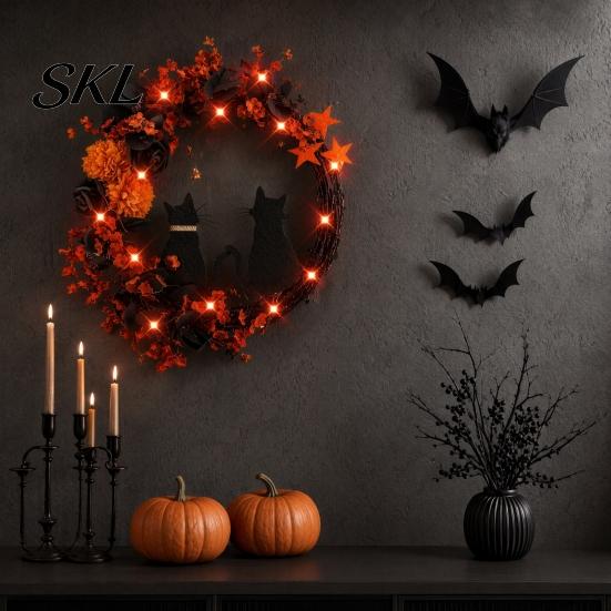 Black Cat Wreath with Lights Halloween Floral Garland, String Lights, Silhouette Romantic Decor Wreath, for Front Door Indoor Outdoor Wall Spooky And