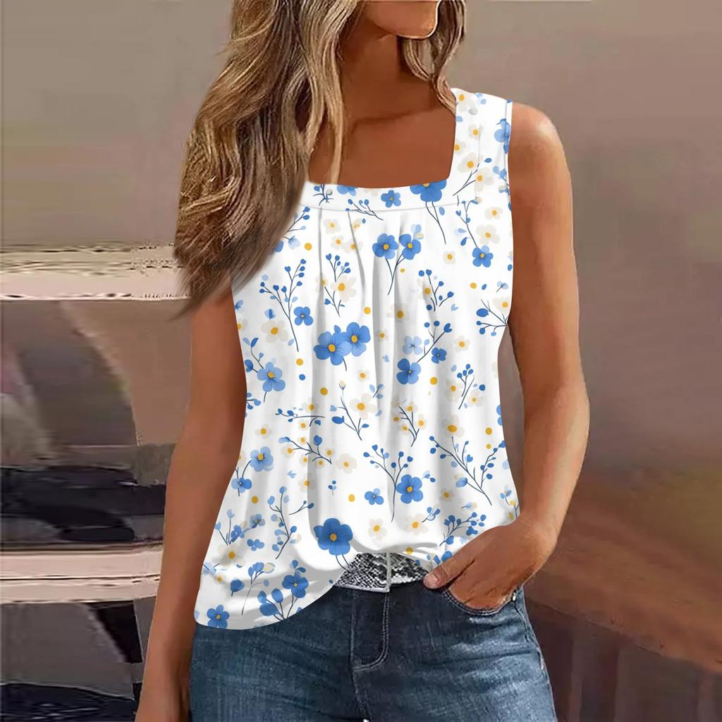 Square Collar Tank Top Women Print Tank Tee Casual Loose Fit Sleeveless Shirt