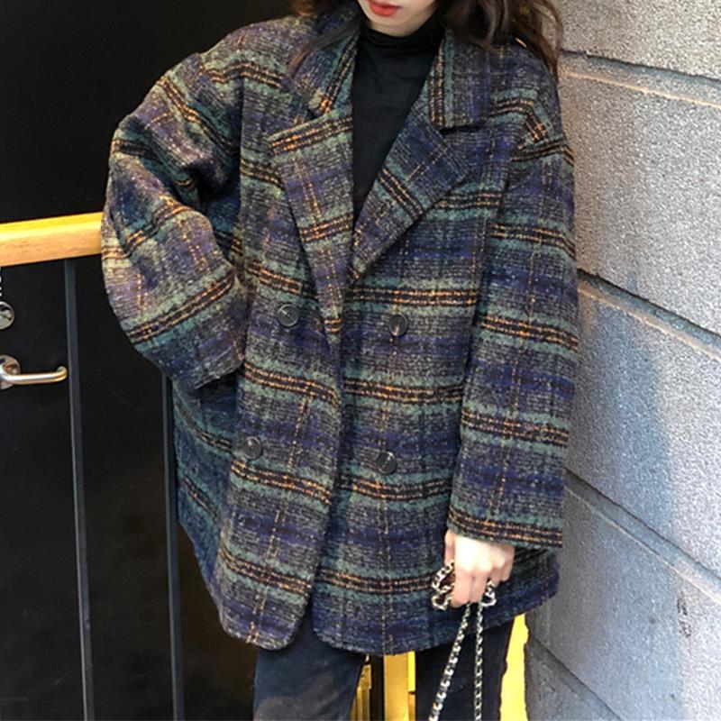 Autumn Warm Thicken Women's Vintage Woolen Plaid Coat for Winter