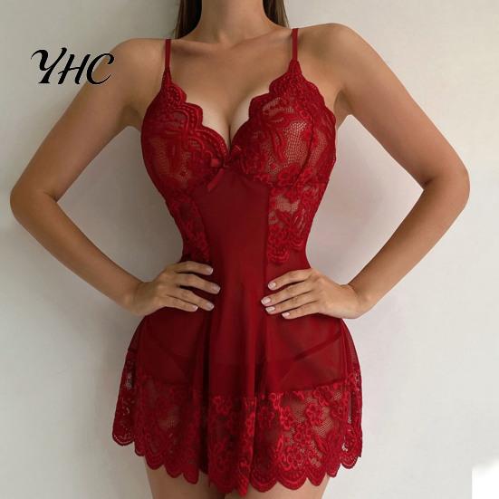 Женская ночная рубашка Ночная сорочка V-образный вырез Сетчатая с кружевом Однотонная Выше колена Мягкая Прозрачная Регулируемые бретели Спина открыта для медового месяца