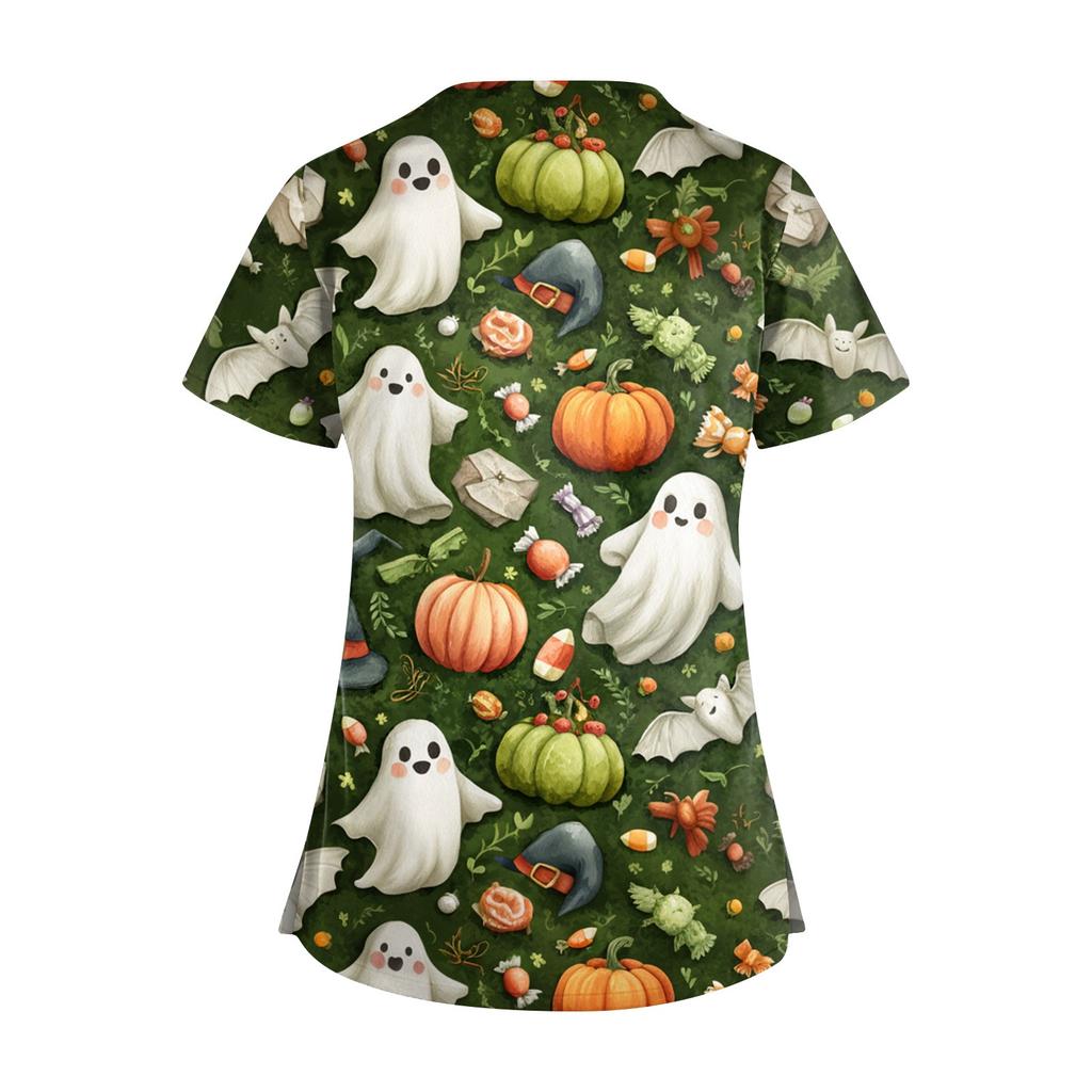 Women's Short Sleeve Stagger V Neck Print Pocket Dry- Top