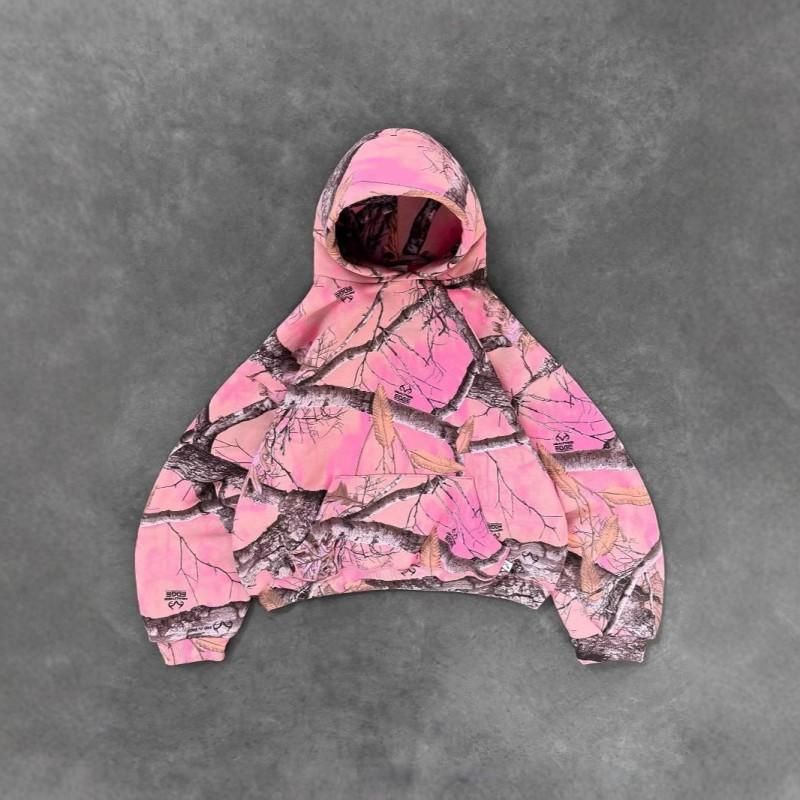 Akimbo Pink Leaf Camo Hoodie Men Women Retro Streetwear 3D Print Loose Fit Casual Top