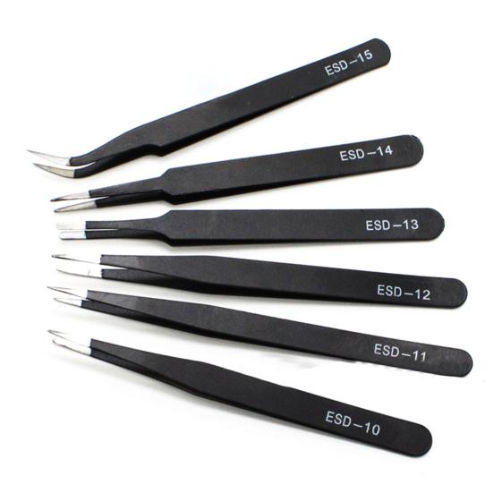 6Pcs ESD Stainless Steel Precision Anti-Static Tweezers Set Electronics