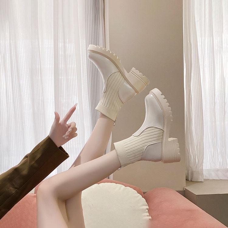 Осень-зима Большие размеры женские ПУ вязаные носки сапоги удобные теплые круглые бисквитные ботинки Martin на толстой подошве 35-42