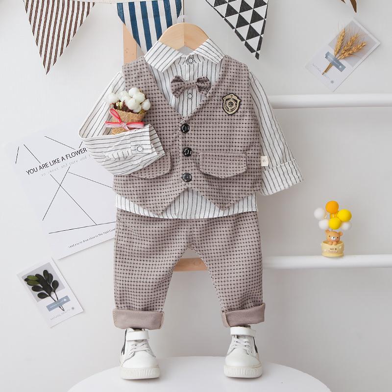 Весенне-осенний костюм для малыша в гусиную лапку 2024: Жилет, рубашка с длинным рукавом и брюки