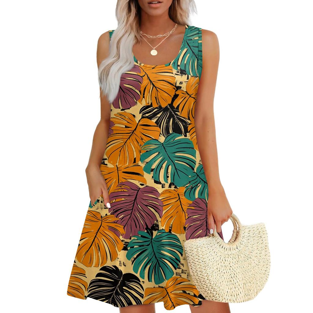 Женское повседневное модное платье с принтом и U-образным вырезом без рукавов