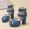 2025 Summer New Women's Cover Heel Sandals with Platform Back Zip Ankle Wrap Denim Dress Party Plus Size Shoes for Women