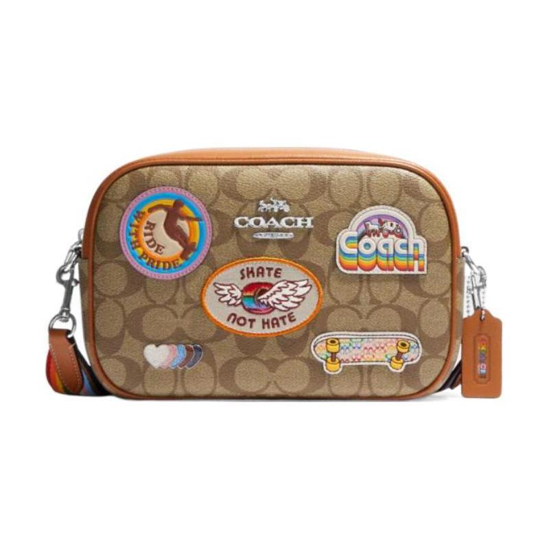 Coach Джейми 24 Серебряный Логотип с Буквами Логотип Модная Наклейка Классическая Жаккардовая Кожаная Сумка для Камеры Сумка на Плечо Сумка через Плечо Средняя Женская Коричневая