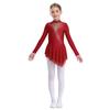 Kid Girls Figure Ice Skating Dress Long Sleeve Irregular Hem Leotard Dress Stage Performance Costume