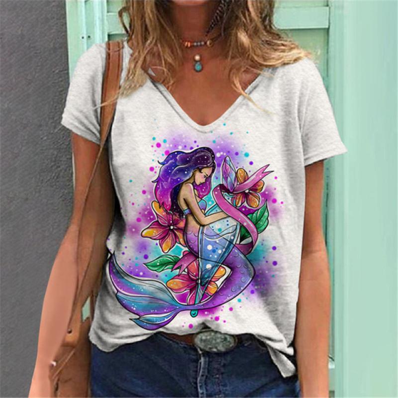 Lightweight Mermaid Digital 3D Print T Shirts Women Versatile Pullover Short Sleeve Summer Casual V-Neck Female Harajuka Tops