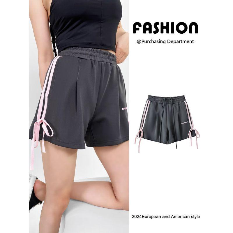 Za2024 Summer New Product Women's Clothes Fashion Wind Elastic Waist High Waist Side Double Bars Shoelace Bows Shorts