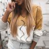 Женская мода свободный контрастный цвет V-образный вырез ажурный свободный трикотажный свитер с длинными рукавами