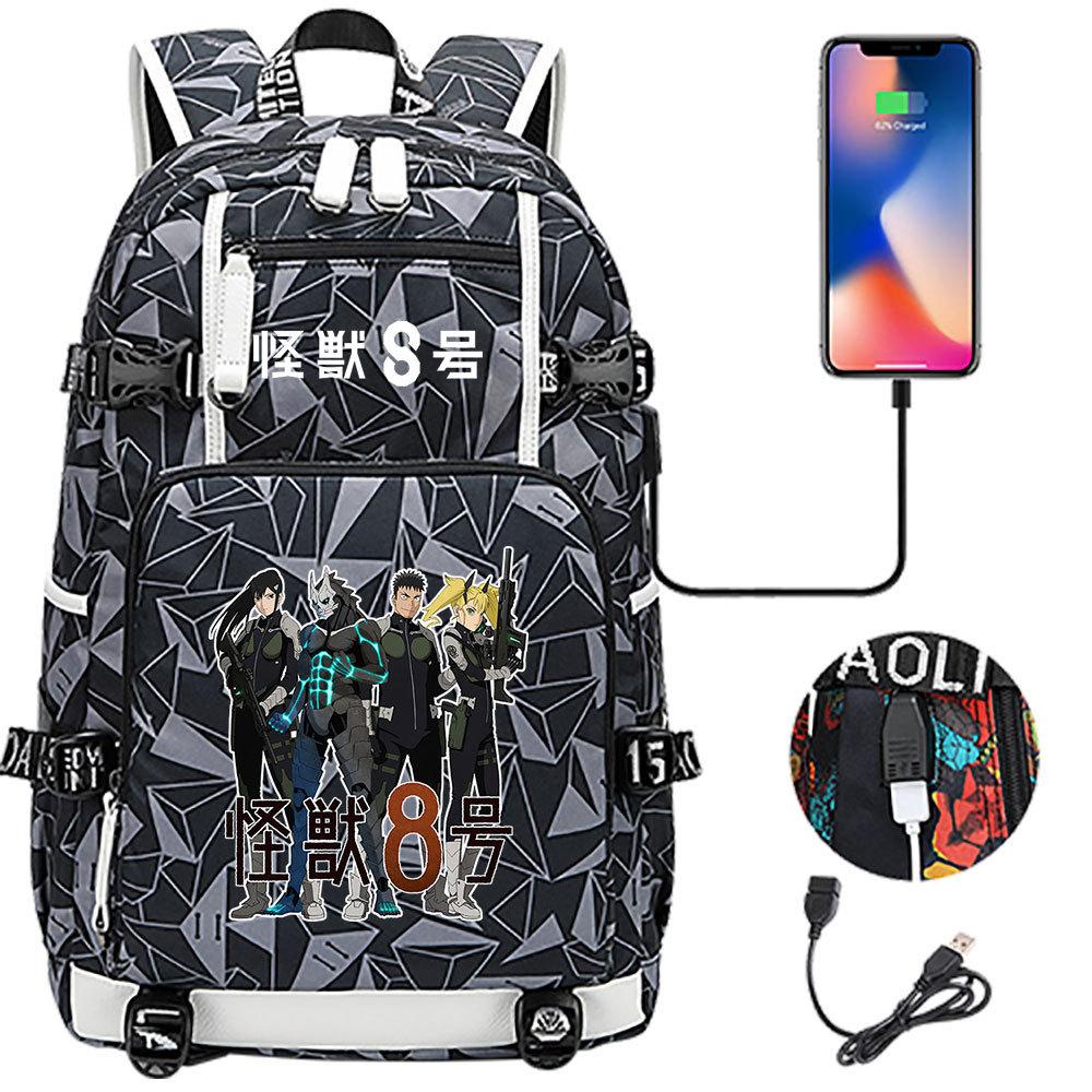 Kaiju No. 8 Printed USB Port Backpack Youth Student School Bag Large Capacity Travel Daypack