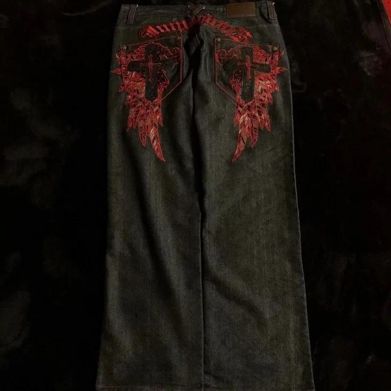 High Street Gothic Embroidered  Black Red Pattern Y2K High Waist Jeans American Retro Street Couple Casual Pants