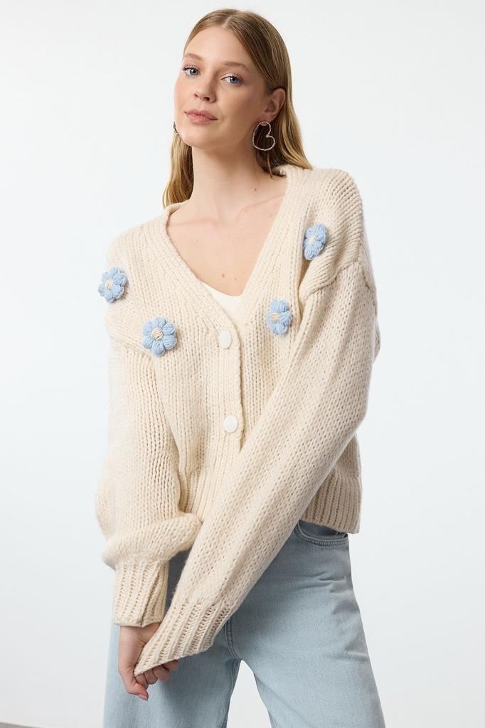 Women's Elegance Style Cardigan Stone Soft Textured Rose Detailed Knitwear Cardigan