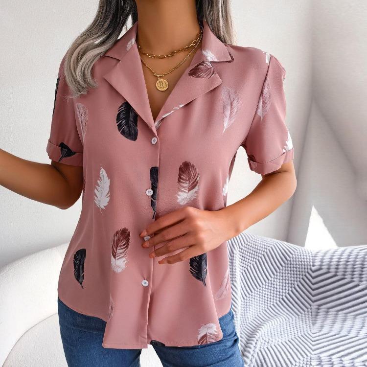 Women's Summer Casual Loose Feather Collar Short Sleeve Blouse Top All Match Shirt Suit
