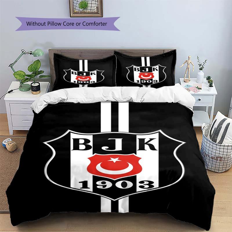 Besiktas BJK Striped Logo Print 3‑piece Bedding Set, Duvet Cover+2 Pillowcases, Without Pillow Core or Comforter, Fan Home Decor