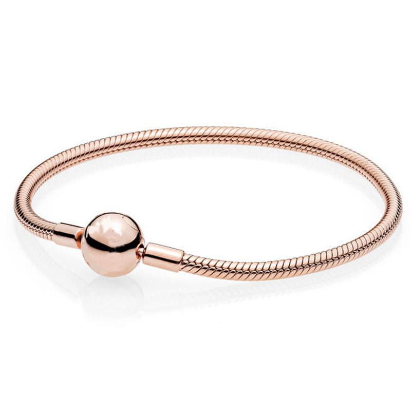 Rose Gold Silver Smooth Ball Clasp Mesh Snake Chain 925 Sterling Silver Bracelet Bangle Fit Fashion Bead Charm Diy Jewelry
