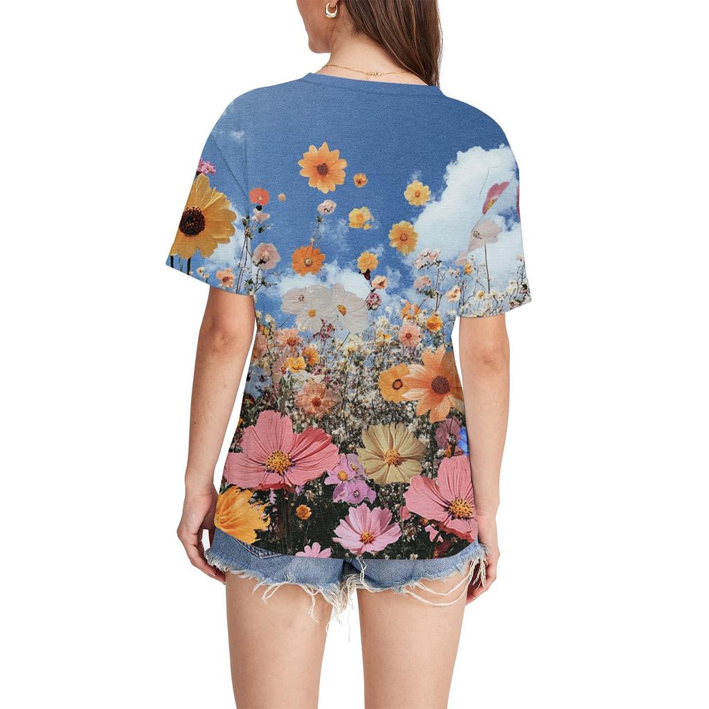 Women's Fashion Pocket V-neck Short Sleeve Plant Floral Print T-shirt Top