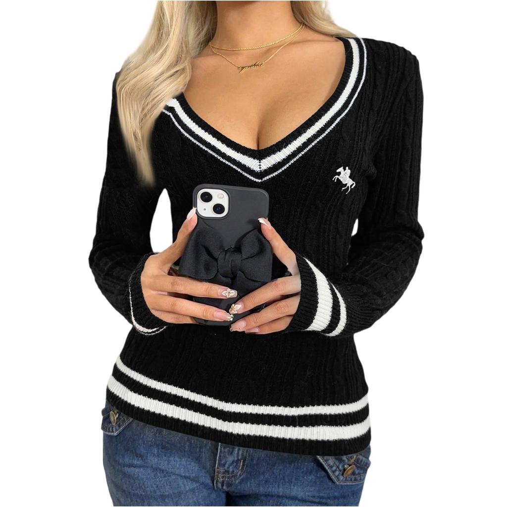 Women's Fashion V-Neck Solid Color Long Sleeve Sweater