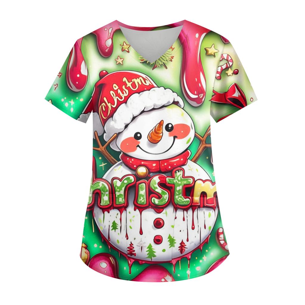 Ladies' Christmas Printed Fashionable V-neck Pocket Short Sleeved Uniform And Caregiver Top