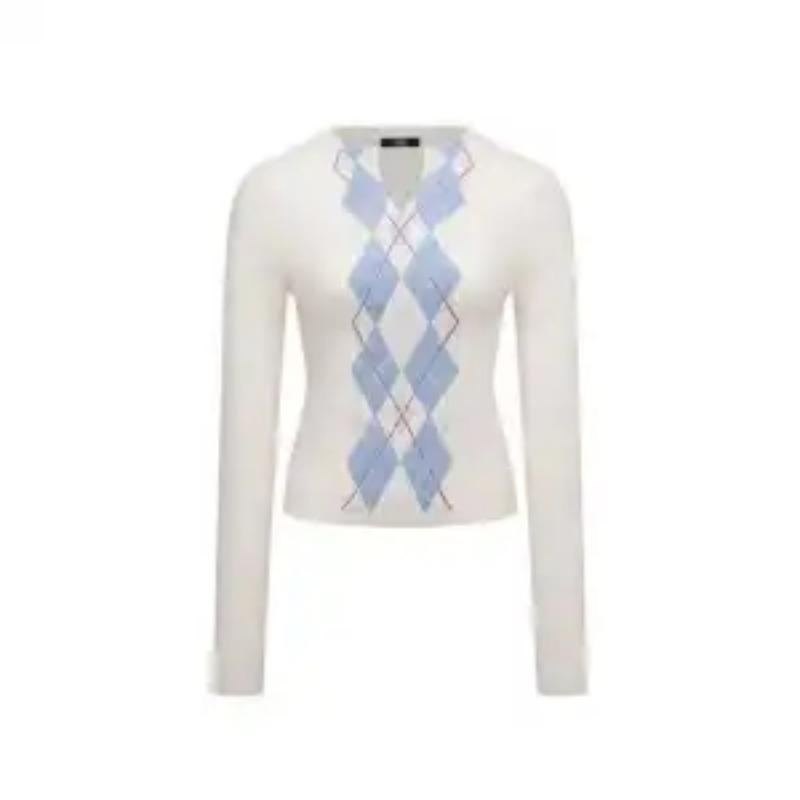 Пуловер с длинным рукавом Контрастный цвет Модный Повседневный Ромбовидный узор Ретро Маленький V-образный вырез Свитер Топ