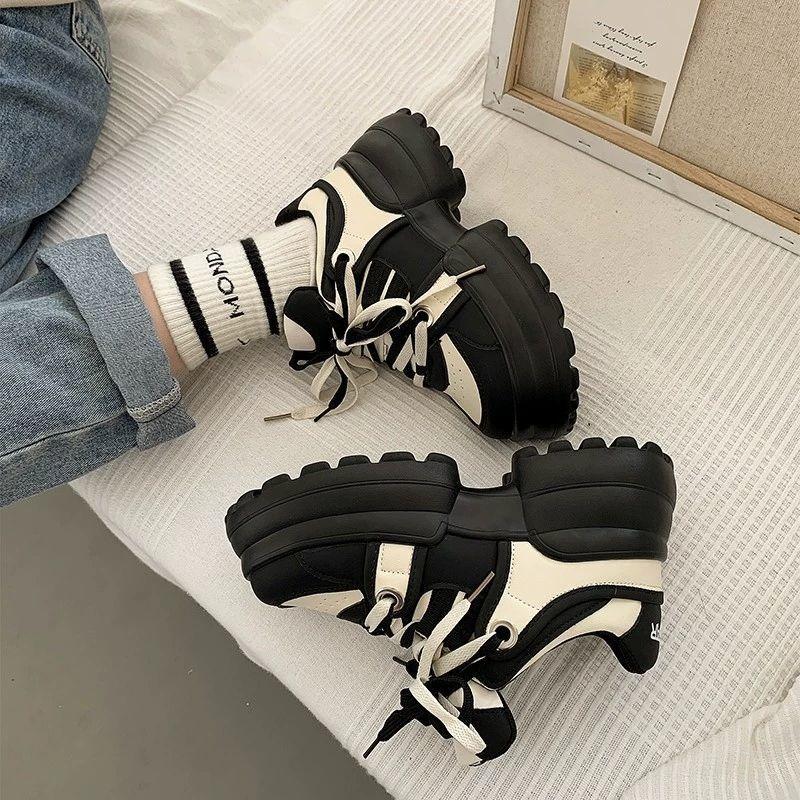 Muffin Platform Bread Shoes Women's Shoes Versatile New Small Man Showing Feet Small Dad Shoes Black and White Panda Shoes