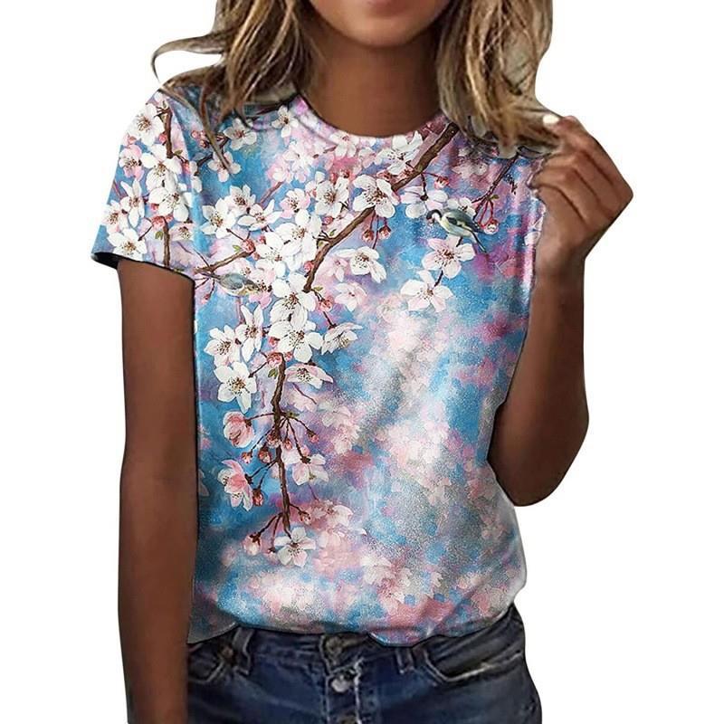 Женская футболка с короткими рукавами и 3D-принтом Holiday Weekend Basic с круглым вырезом и обычным цветочным принтом