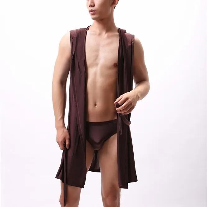 Европейская версия, мужской халат, мужская шелковистая пижама без рукавов, мужская ночная рубашка с капюшоном, халат, мужская ультратонкая домашняя одежда