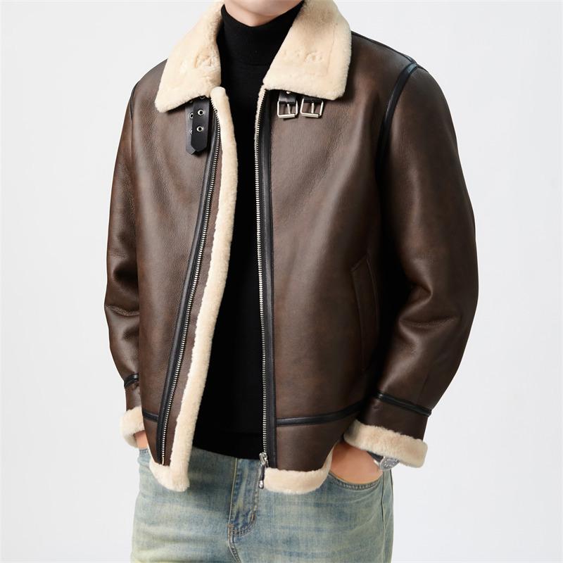 Мужская модная мотоциклетная куртка из овчины и ПУ-кожи - Короткая верхняя одежда из овечьей шерсти Осень/Зима