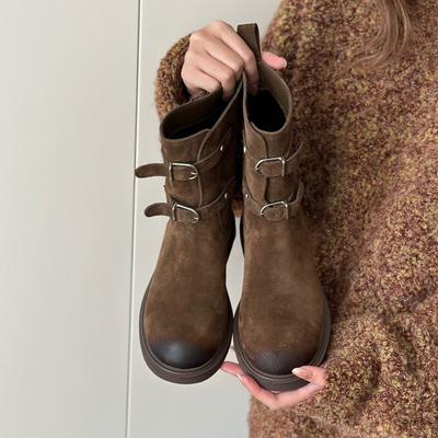 Версия из овчины ретро модная пряжка ремня ковбойские сапоги в западном стиле узкие короткие сапоги женские ботинки Мартин ботинки-локомотивы