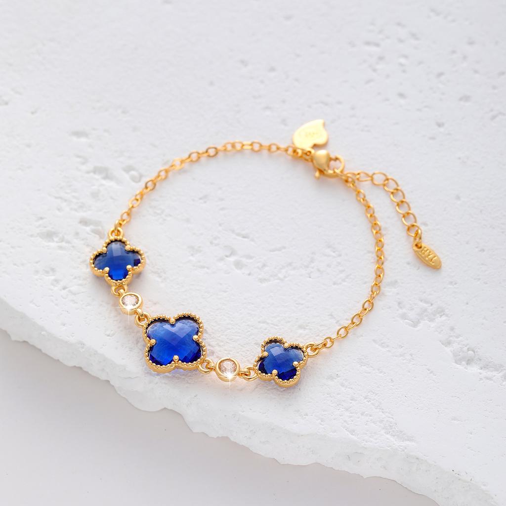 Двусторонний браслет-клевер женский медный с золотым покрытием и цирконом, цветочные украшения