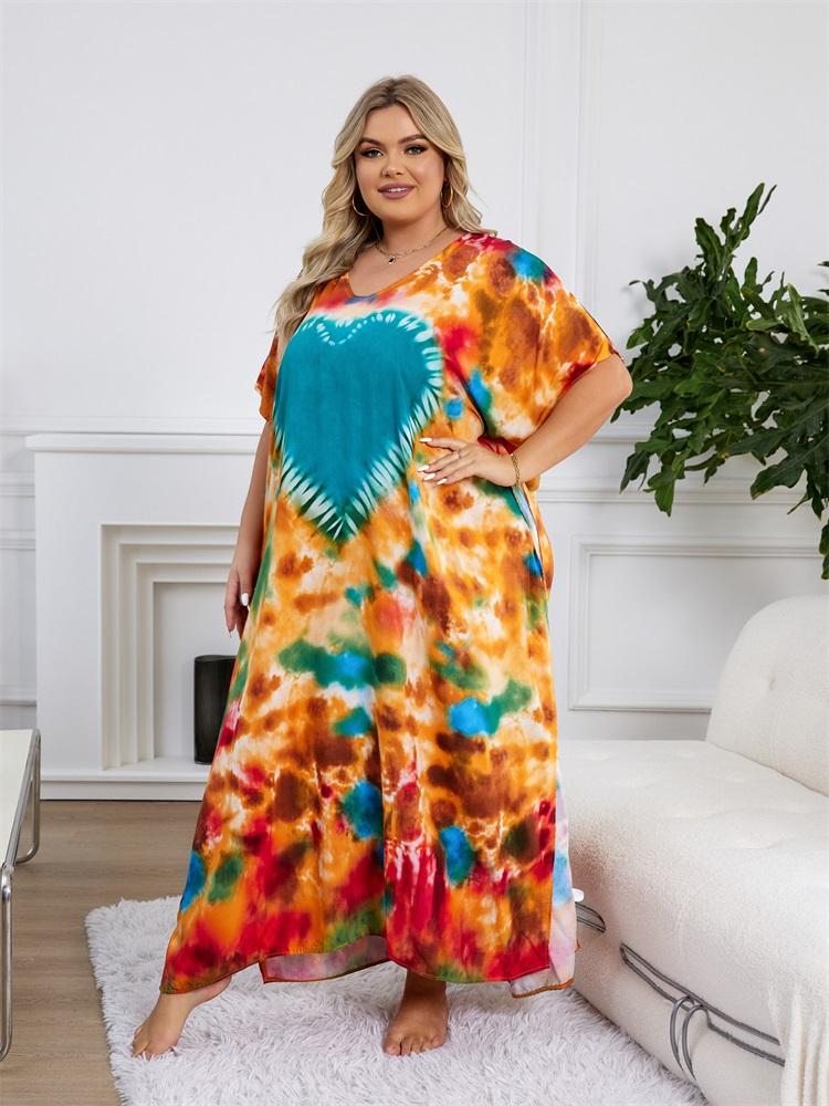 EDOLYNSA Plus Size Loose Kaftan Dresses For Women 2024 Boho Printed Vacation Beach Coverup Summer House Dress Cozy V Neck Short Sleeve Loungewear