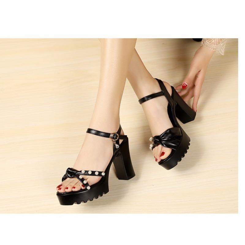 Сандалии на высоком каблуке, толстый каблук, водонепроницаемая платформа, универсальные, летние, мягкая кожа, жемчужные, удобные, стильные, увеличивающие рост женские туфли