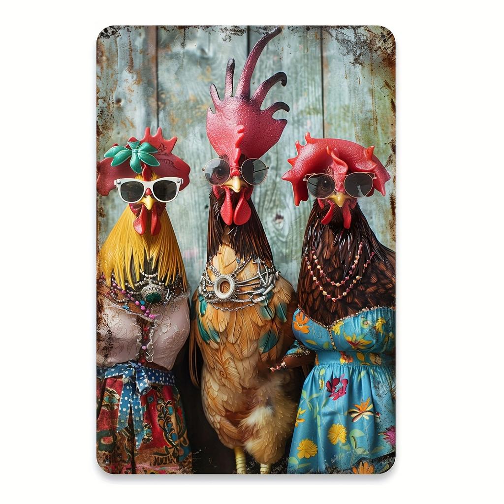 Chic Vintage Chicken Tin Sign, Fashionable Rooster Wall Decor, Iron Foil Engraving Art for Home