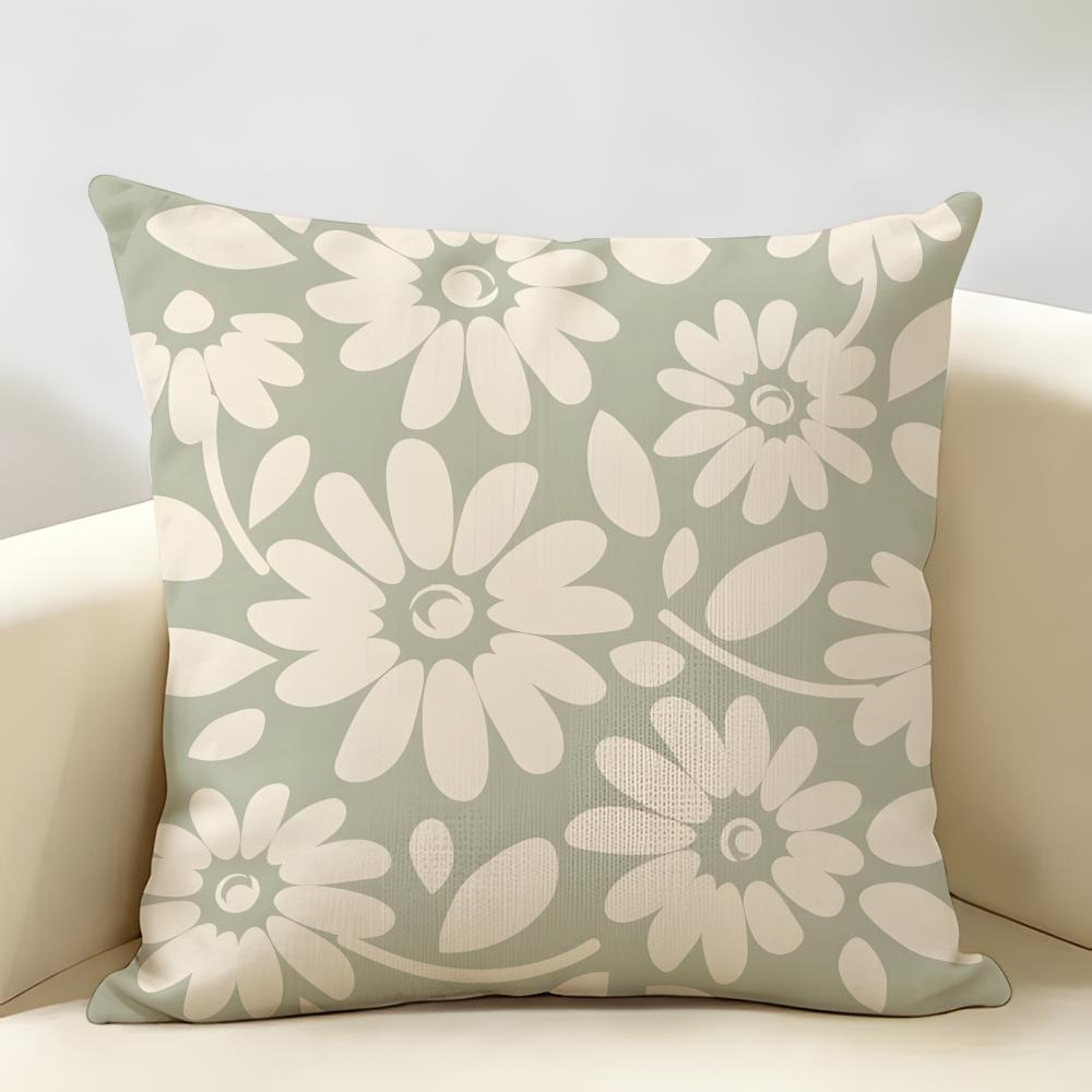 Nordic Abstract Green Geometric Flowers Cushion Cover Natural Linen Organic Fabric Printing Breathable Perfect For Home Decor