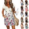 Женские летние платья с V-образным вырезом, коротким рукавом, кулиской, карманом и цветочным принтом, повседневные