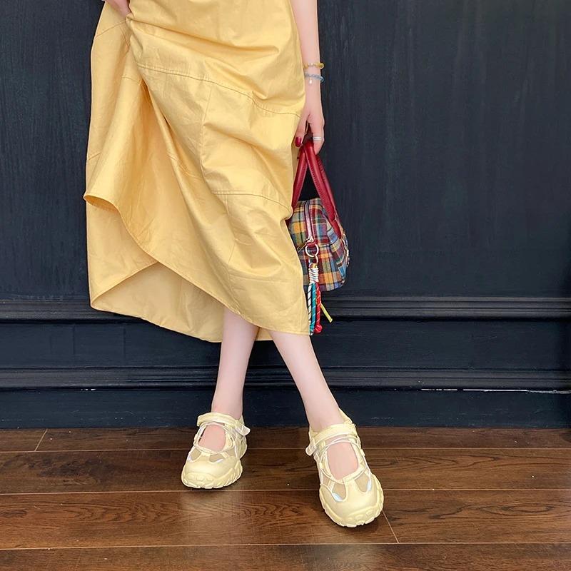 Модные спортивные сандалии Мэри Джейн Женские Летние Мягкая Подошва Противоскользящие 2025 Новые Перфорированные Дышащие Толстый Каблук Застежка-липучка