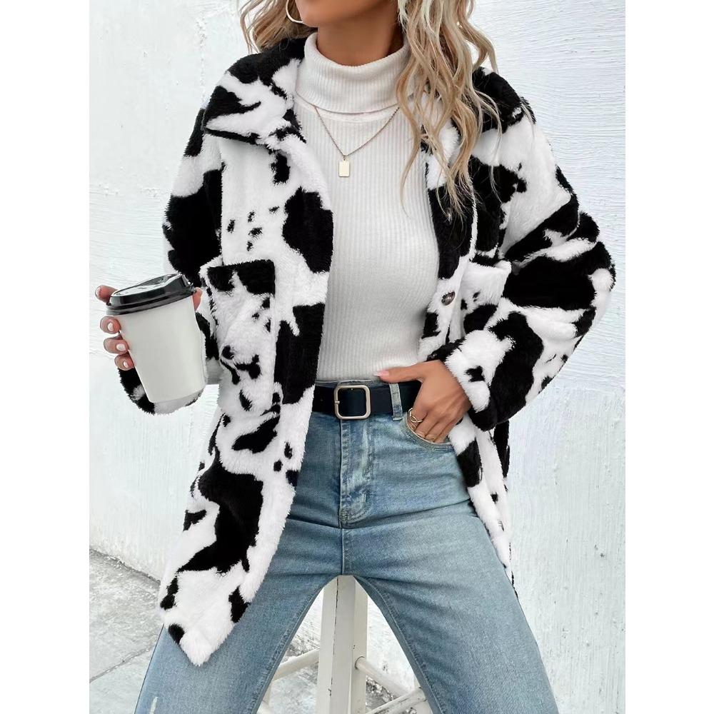 Fashion Double Sided Plush Cow Patterned Pocket Top Jacket Women's Coats Casual Tops Long Sleeve Winter Coat