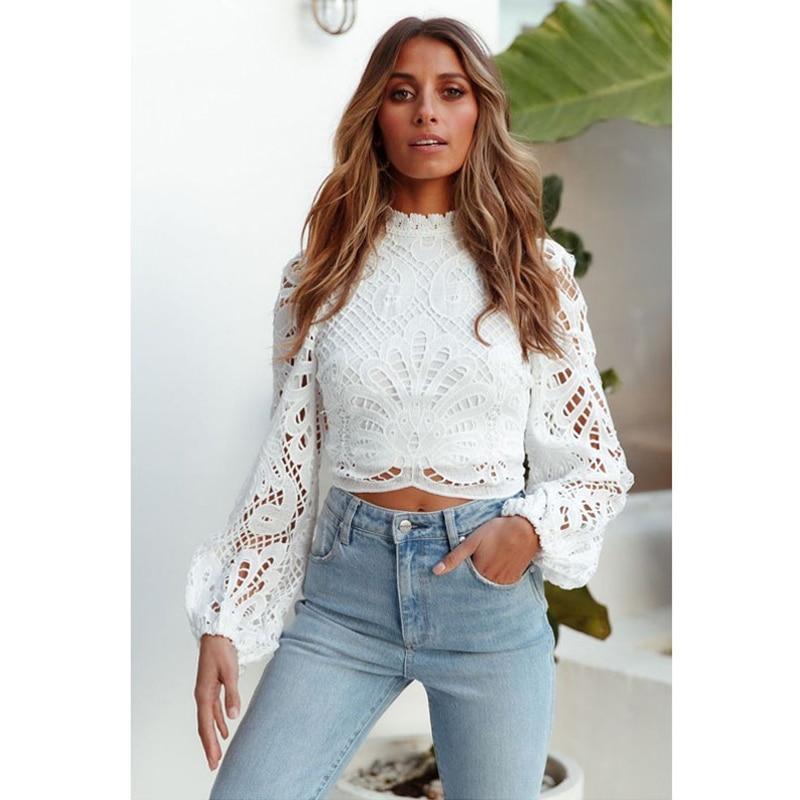 Sexy Long Sleeve Lace Blouse Women Tops Casual White Crochet Hollow Out Cropped Womens Shirt Turtleneck Female Blusas 16296