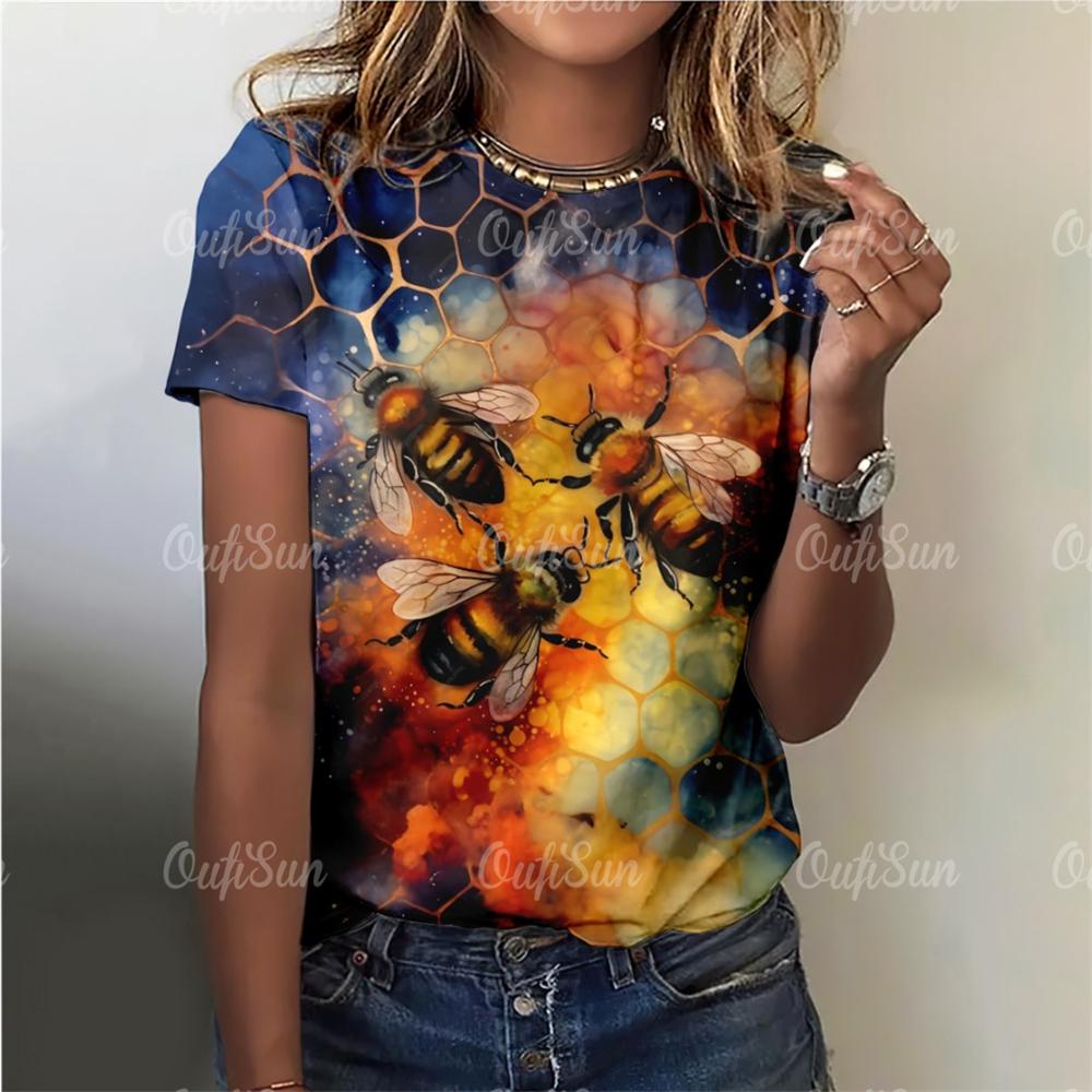2025 Модные женские футболки, блузки с принтом пчелы, топы для женщин, базовые повседневные женские футболки с принтом, свободная женская одежда