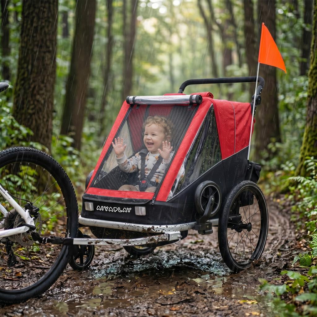 Bike Trailer for Kids, 2-Seater, 2-in-1 Foldable Kids' Bike Trailer with Adjustable Seat and Harness, Red