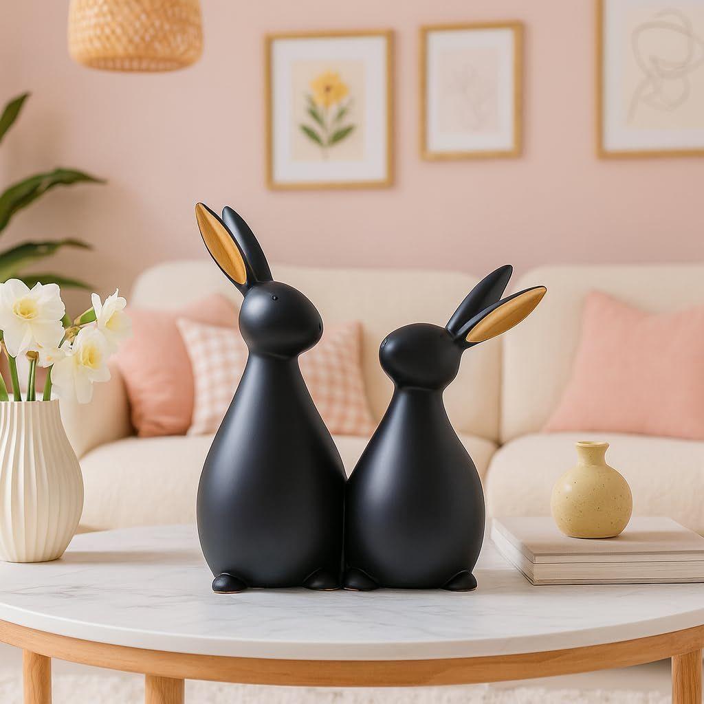 Resin Rabbit Figurines for Home Decor (Set of 2 pc, Black Color)