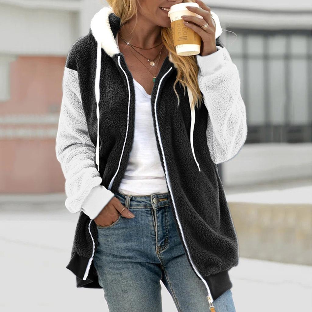 Женская свободная плюшевая куртка большого размера с разноцветными панелями на молнии с капюшоном