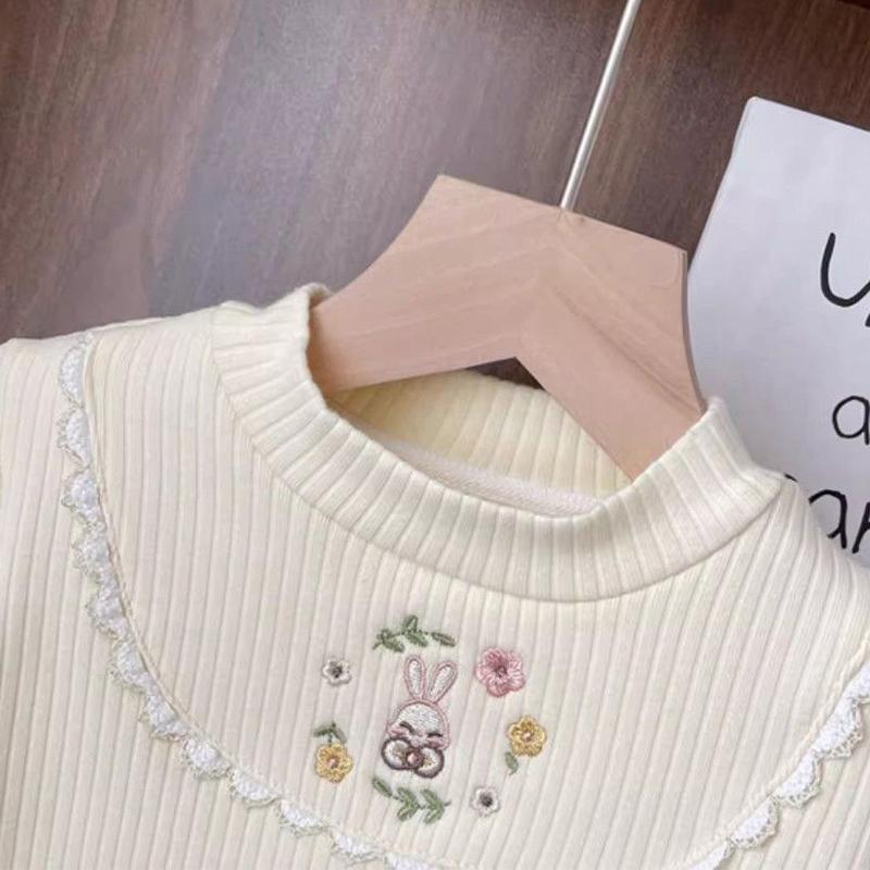 Зимний теплый пуловер для девочек 2-8 лет, детский плюшевый топ с полувысоким воротником, вязаная футболка с вышивкой для девочки
