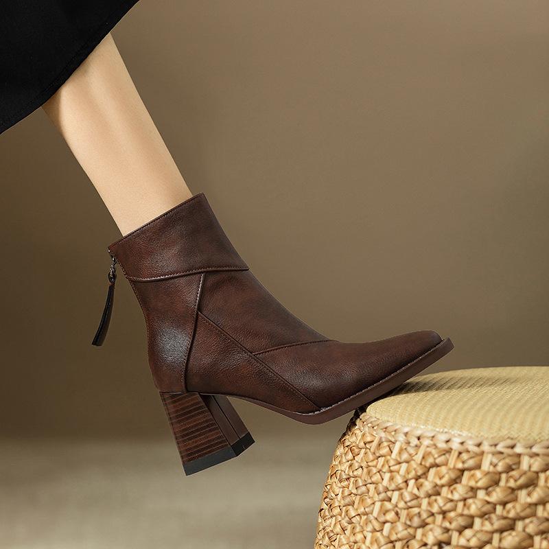 Fashion Hot Sale Retro Brown Leather Ankle Boots Women's Square - Toe Chunky Heel Back Zip Fashion Booties